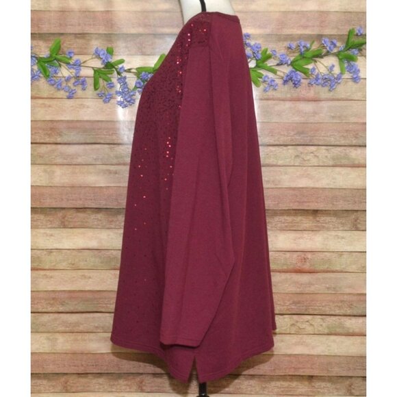 Quacker Factory Womens Plus 3X Maroon Sequin Tunic Thin Knit Shirt Party Holiday - Picture 4 of 10